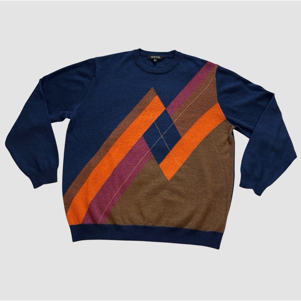 Murano Men's XL Argyle Sweater 100% Merino Wool Navy Brown Orange Fuschia